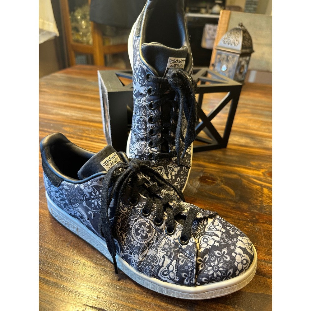 Adidas Stan‎ Smith Black White Paisley Floral Print Sneakers Womens 7.5